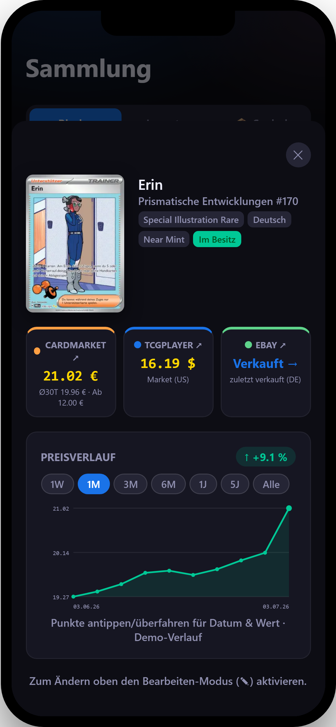 Kartendetail mit Preisverlauf